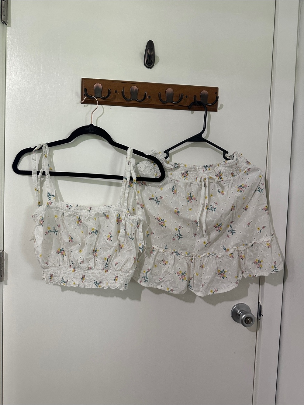 Smocked Floral Crop Top and Skirt Set - White